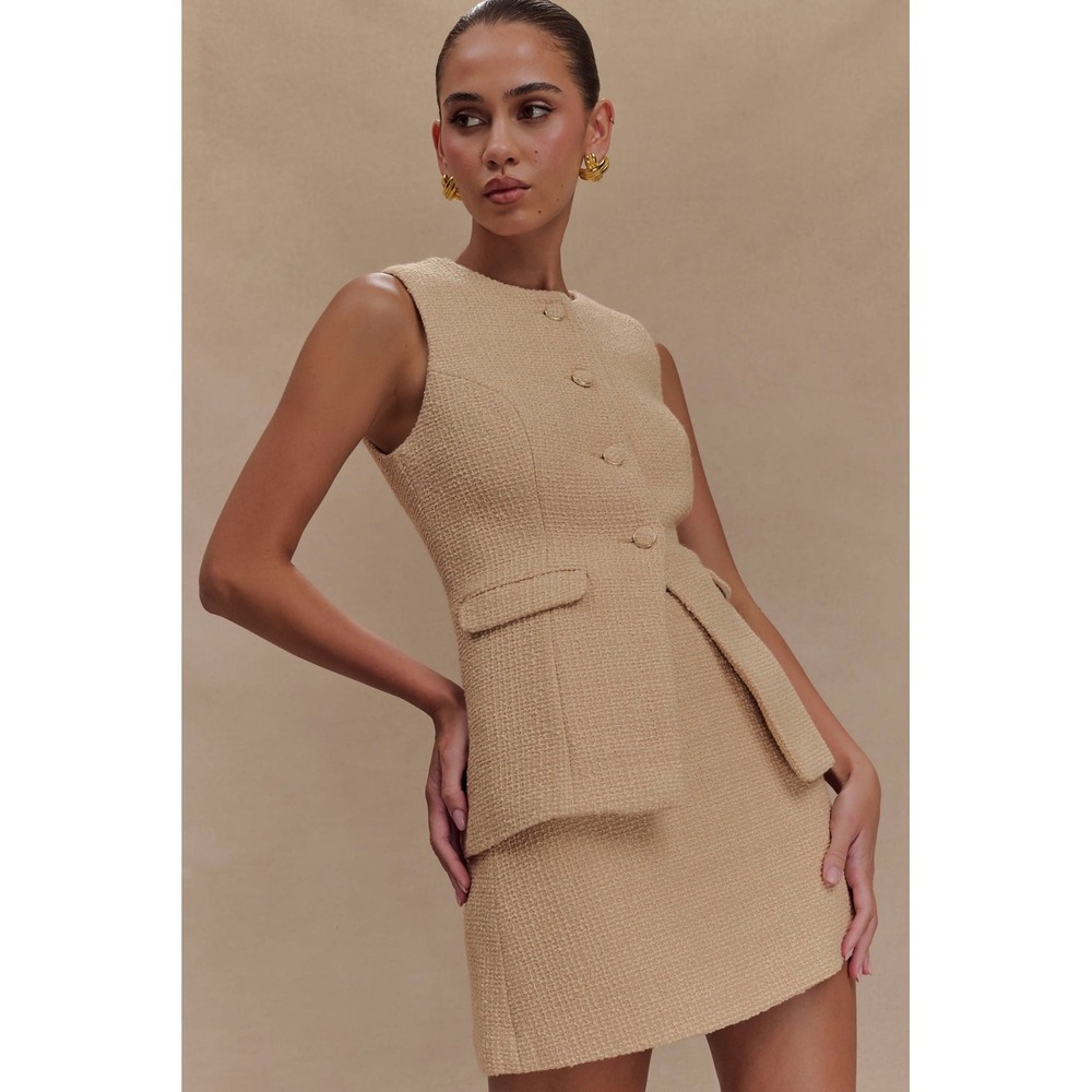 MESHKI Camilla Boucle Sleeveless Longline Vest Light Taupe Size S